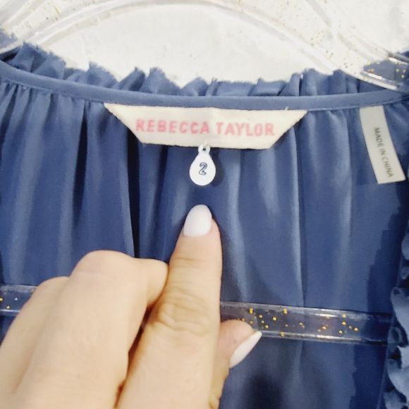 Rebecca Taylor silk ruffle shirt mini dress Top W/ Waist tie  blue size small 2 - Picture 13 of 16